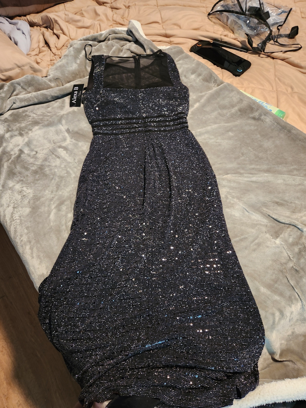 Alyce B Navy Sparkle Prom Dress with Mesh Bodice